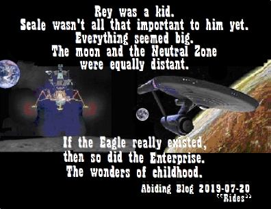 Rey was a kid. Scale wasn't all that important to him yet. Everything seemed big. The moon and the Neutral Zone were equally distant. If the Eagle really existed, then so did the Enterprise. The wonders of childhood. #SameSize #SameDistance #AbidingBlog2019Rides